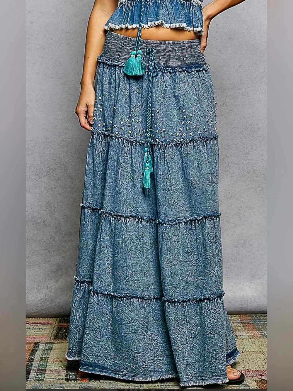 Brand New POL tiered denim skirt long sz S M L - Picture 1 of 4